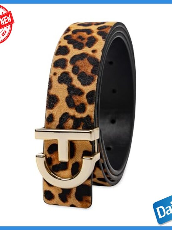Leopard Print Logo Buckle Belt, Adjustable Leather Strap, Medium Size main image 4